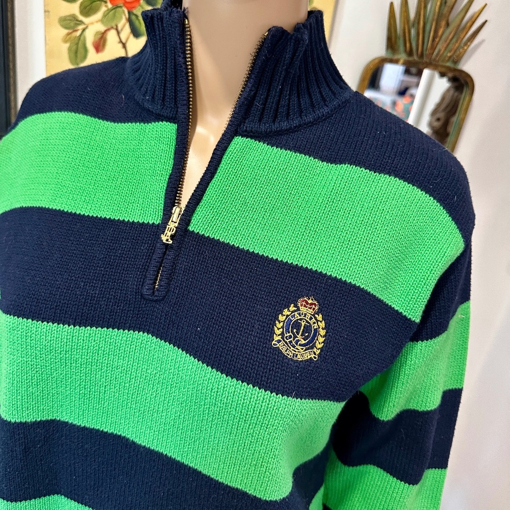 1/4 Zip Lauren RL Navy and Green Stripe Sweater Mens S